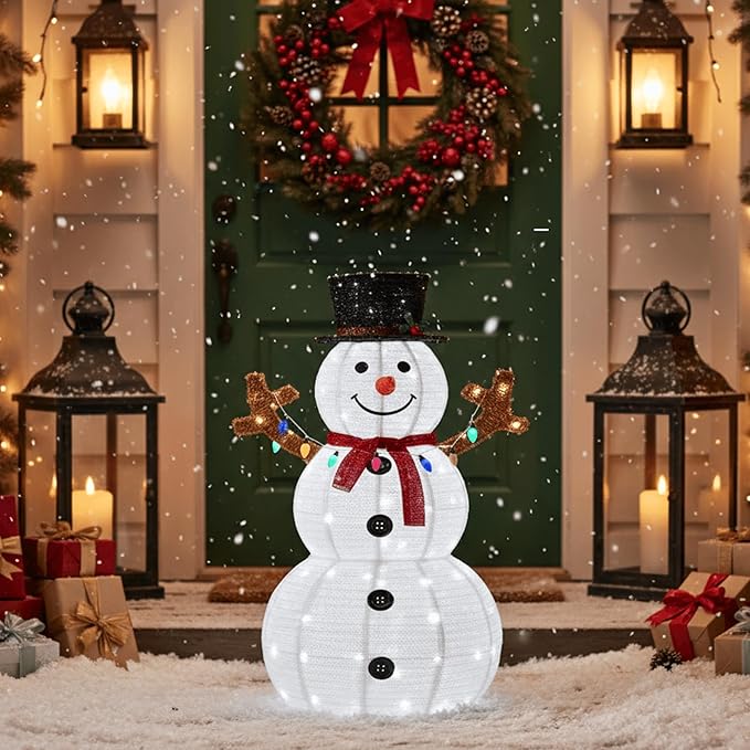 Christmas Decor Snowman, 5 ft Prelit White Christmas Decorations Snowman Ornaments with Magic Hat Multicolored Lights for Christmas Holiday Party Yard, Garden, Porch, Lawn, Red