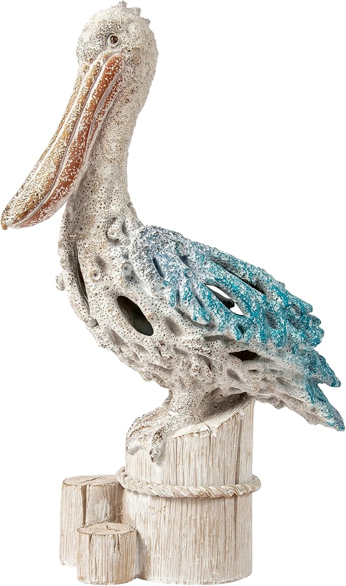 Blue Pelican on Post Figurine – 13.75” Coastal Nautical Decor, Coral Reef Ocean Statue for Beach Home Accent, Shelf, Mantel, or Tabletop Display