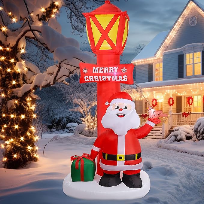 8FT Christmas Inflatable Yard Decoration, Giant Blow Up Lighthouse with Santa and Redbird with Built-in LED Lights for Front Door Lawn Garden Holiday Display Indoor Outdoor Decor