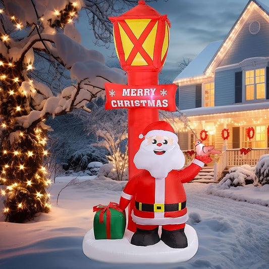 8FT Christmas Inflatable Yard Decoration, Giant Blow Up Lighthouse with Santa and Redbird with Built-in LED Lights for Front Door Lawn Garden Holiday Display Indoor Outdoor Decor