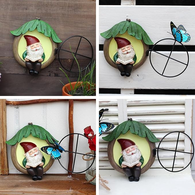 Resin Garden Gnome Statue Outdoor, Luminous Fairy Garden Gnome Reading Book Figurine and Butterfly Decoration 4.73in Luminous Elf Peeker Yard Art Sculpture Home Decor for Patio Yard Mother