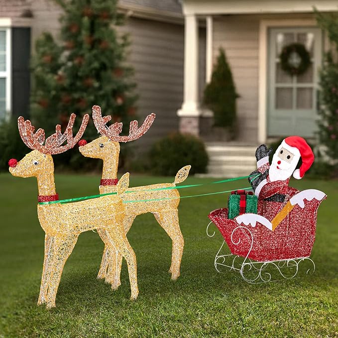 VINGLI 6FT Lighted Christmas Reindeer and Sleigh Outdoor Decorations, 2 Reindeer Pulling Santa’s Sleigh, Warm White LED Glitter Mesh Deer for Xmas Yard Lawn Garden Porch Holiday Decor