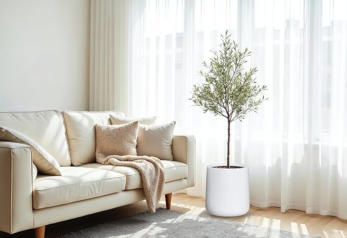 13" H x 12.6" D Conico Fiberstone Round Planter - Christmas Tree Planter, Smooth Finishes, Weather Resistant for Indoor and Outdoor Use, Included 2 Extra Coco Mats (White, 10" Pot Opening)