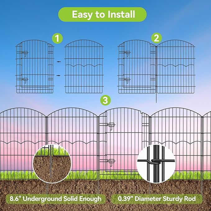 Decorative Garden Fence 12 Panels 29.6ft(L)×38in(H) No Dig Animal Barrier Fencing with 11 Panels + 1 Gate, Metal Garden Fences Rustproof Wire Border Temporary Dog Fence for Patio Yard Outdoor