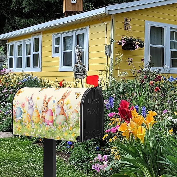 Easter Mailbox Covers Rabbits Mailbox Cover Standard Size 21x18 in Spring Floral Post Letter Box Cover for Garden Yard Decoration Waterproof Oxford Beautiful Eggs
