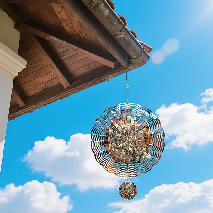Wind Spinners Outdoor, Silver Mosaic Modern 3D Stainless Steel Wind Sculpture Spinner for Garden Outside Hanging Decor Mother's Day Christmas Birthday Gifts for Women Men Mom Nana 9.8 in