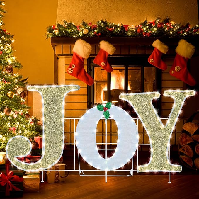 Outdoor Christmas Joy Nativity Decoration Christmas Lighted Joy with Holly Berries Pre-Lit 129 LED Lights Deacoration for Xmas Home Pathway Lawn Party Display