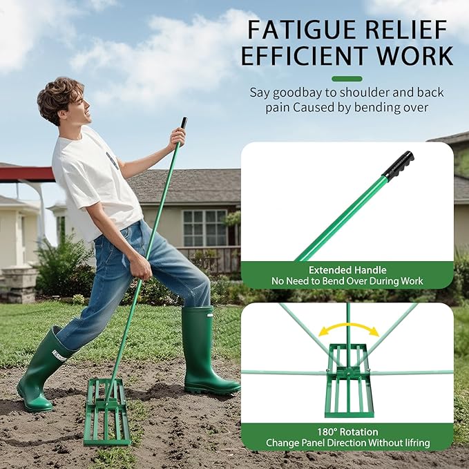 VINGLI Iron Lawn Leveling Rake 30in for Soil Sand Composs, Extended Handle, 180°Rotation Head, with All Handwares, for Yard Garden Golf Field, Green (30in)