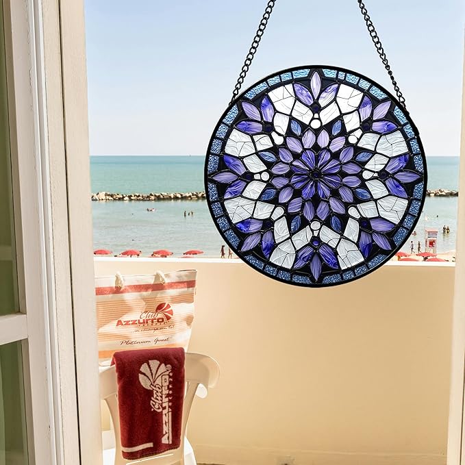 Stained Glass Window Hanging, Purple Blue Tiffany Style Flowers Sun Catcher for Window Door Home Decor Suncatcher Christmas Mother's Day Birthday Gifts for Women Men Mom Nana 15 in
