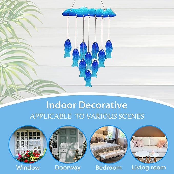 Sea Glass Fish Wind Chimes for Outside, Windchimes Outdoors Unique, Patio Beach Outdoor Home Garden Decor, Windchimes Outdoors, Memorial Garden Christmas Decoration Gifts