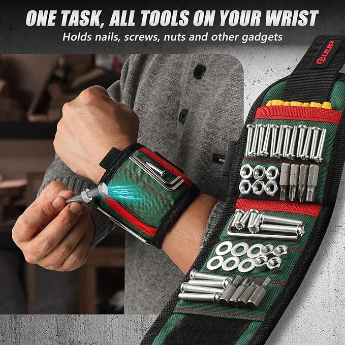 Magnetic Wristband for Tools, Tool Belt Wrist Band with 15 Powerful Magnet, Adjustable Wrist Screws Holder, Gifts for Men, Him, Dad, Stocking Stuffers for Men, Mechanics, Woodworker, Handyman