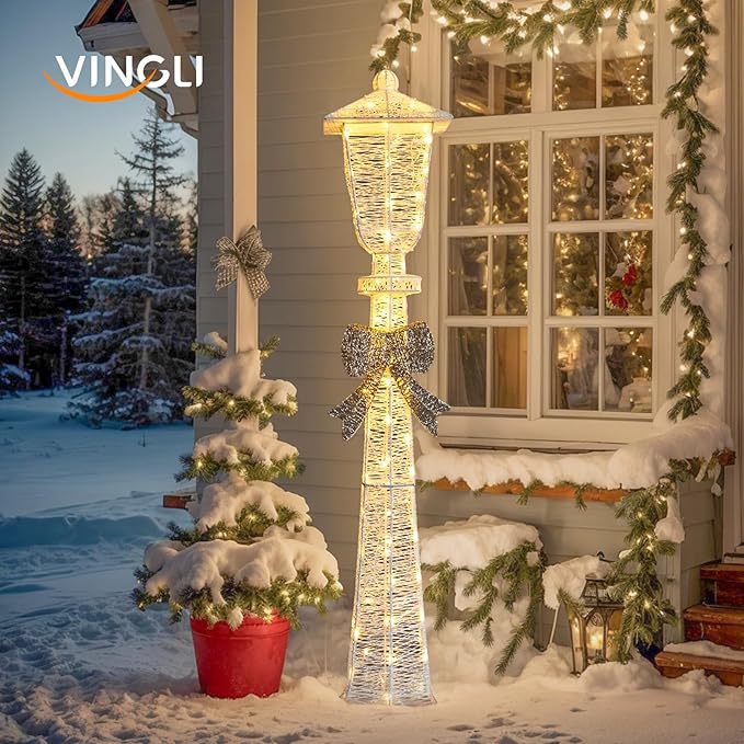 VINGLI 5FT Christmas Street Lamp Post, Lighted Street Light with Bow Outdoor Christmas Decorations, Light up Christmas Decor for Indoor Outdoor Porch Lawn Yard Garden, Snow White