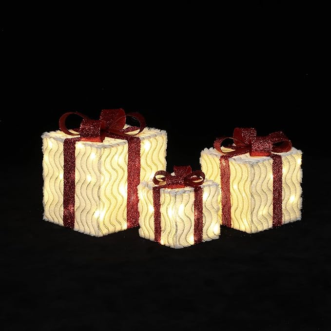 LuxenHome Set of 3 Lighted Gift Boxes, Plug-in Wavy Design with Red Ribbon Bow Boxes for Xmas Holiday Display, Lawn, Porch, Under Tree Indoor, Outdoor Christmas Decoration.