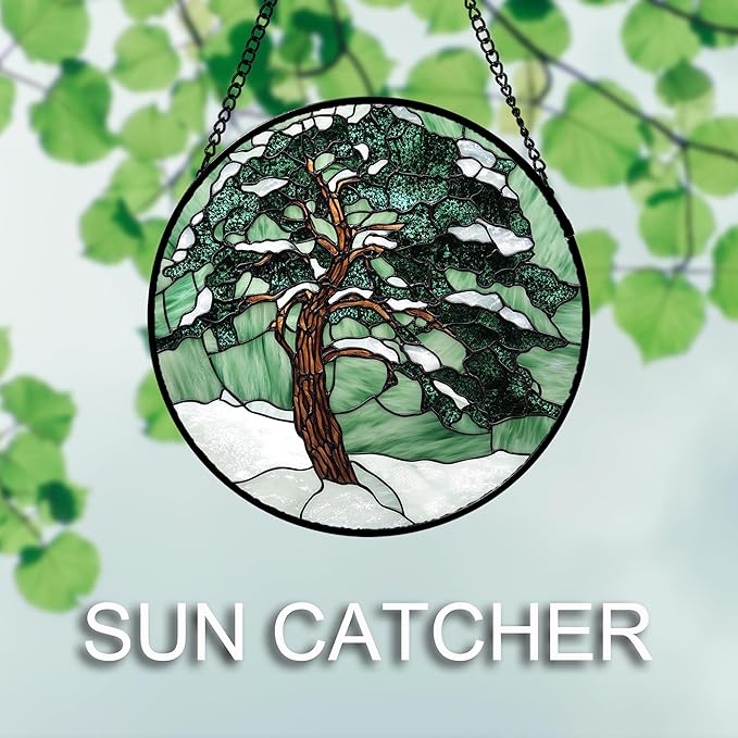Stained Glass Window Hanging 4 Pcs Set Forest Green Trees Winter Snow Large 11.8" - Suncatcher Door Garden Sun Catcher Home Decor Birthday Mother's Day for Woman Nana Mom Men