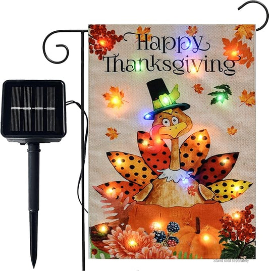 Happy Thanksgiving Turkey Garden Flag With Lights- Solar LED Burlap- Thanksgiving Turkey Yard Mini Flags 12x18 Double Sided for Garden Patio Lawn Yard Outside Outdoor Decoration Farmhouse (Without a stand)