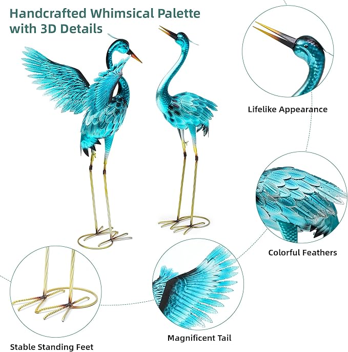 36.75" Metal Crane Garden Statue, Handcrafted Oversized Blue Heron Decor Sculptures with Stable U-Ground Stakes, Backyard Decoration, Metal Garden Bird Animal Yard Art, Lawn Ornament Decor