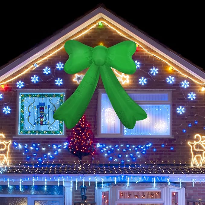 Christmas Inflatables Lighted Yard Lawn Inflatable Decoration with Built-in Fan and Stakes Ropes Holiday Party Decor, Christmas Decor (7FT-Green Bow)