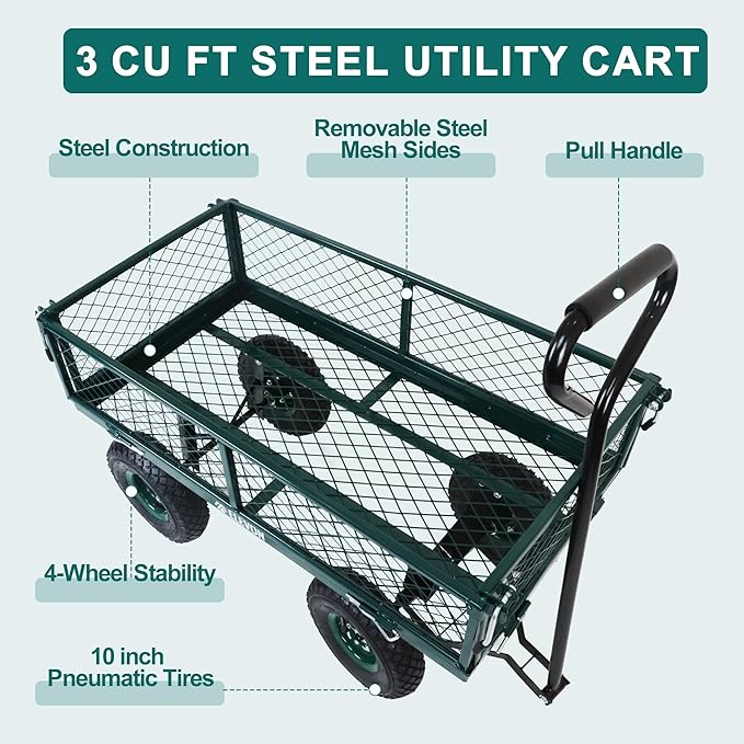 Elevon Utility Wagon Cart, Green | 10" Wheels & Removable Sides for Easy Yard Cleanup, Gardening, and Grocery Shopping