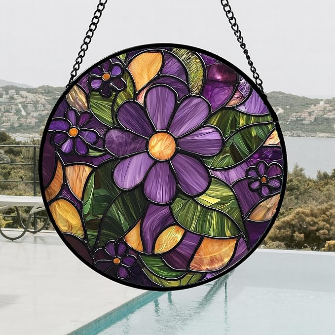 Stained Glass Window Hanging, Purple Green Flowers Sun Catcher for Door Home Decor Plants Suncatcher Christmas Mother's Day Birthday Gifts for Women Men Mom and Nana 7.8 in