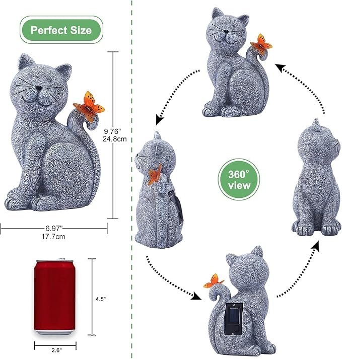 Garden Decor Cat Statues: Outdoor Sculptures with Glowing Butterfly for Lawn Ornaments Yard Art Porch Patio Balcony - Gifts for Mom Grandma Women