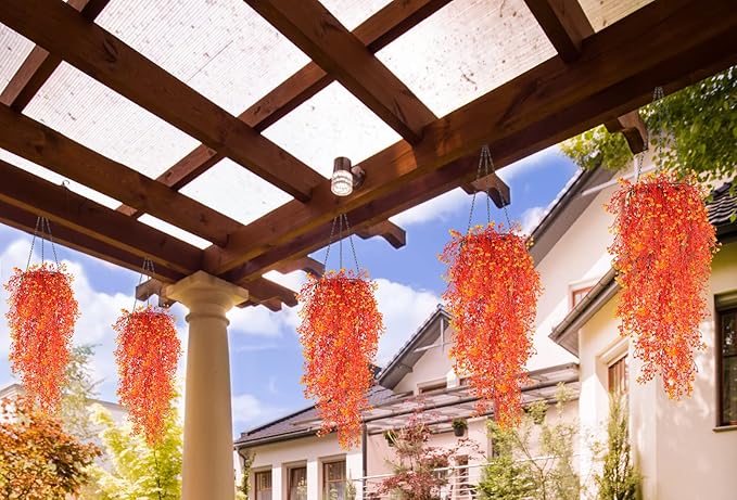 RECUTMS 4 Pcs Artificial Hanging Plants Fall Decor Faux Hanging Plants Artificial Plants UV Resistant Fake for Indoor Outdoors Fake Plants for Patio Garden Party Wedding Decor(Orange)