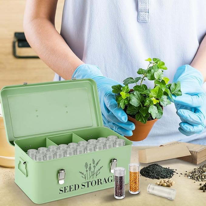 60 Slots Seed Storage Box with 4 Dividers, Metal Seed Storage Organizer, Seed Saving Box, Seed Packet Container, Professional All-in-one Kit with 60 Seed Envelopes and Label Stickers