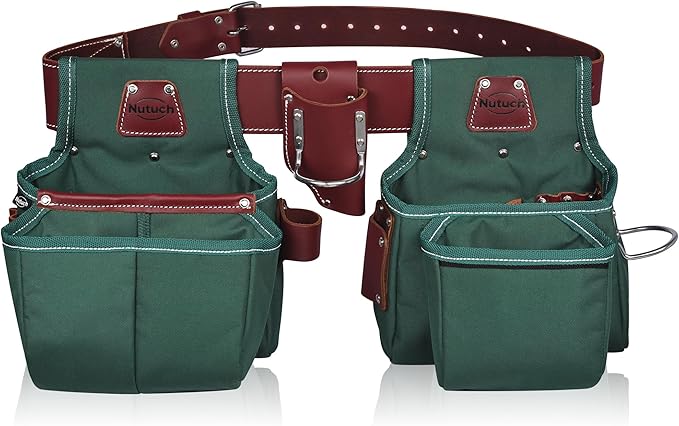 Nylon and Leather Tool Belt | Nylon Tool Pouch | Carpenter | Construction | Framers | Electrician Tool Belts | Drywall Tool Bags (GREEN)