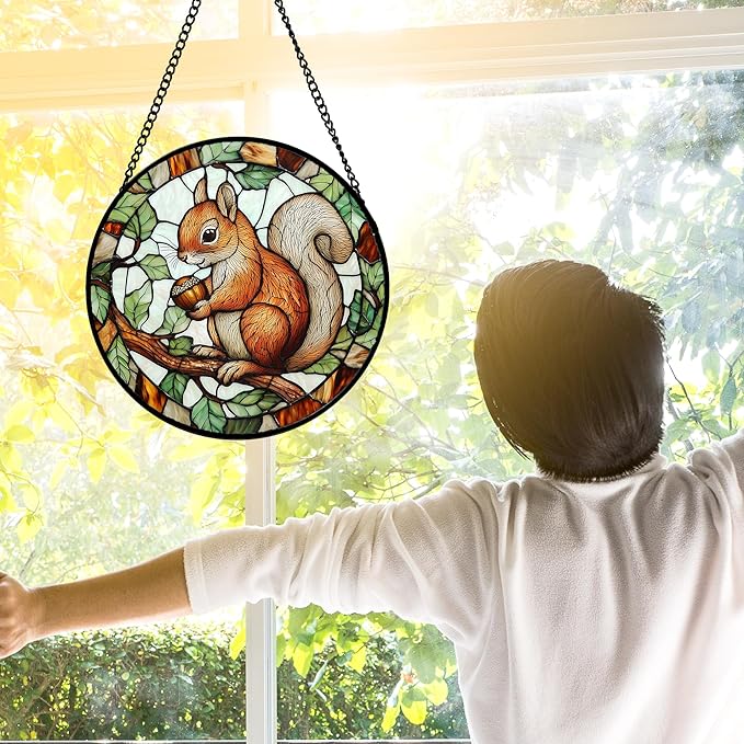 Stained Glass Window Hanging, Squirrel on a Branch Suncatcher Diamond Glass Panel Animal Sun Catchers Decor for Birthday for Women, Men, Wife, Aunt, and Mom 9.8 in
