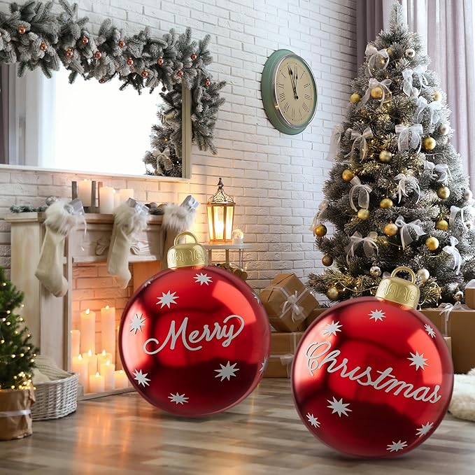 24 Inch Christmas Inflatable Balls, 2 Pcs Outdoor Decorative PVC Ball, Xmas Blow Up Jumbo Ball for Indoor, Giant Ornaments Outside Holiday Yard Lawn Decor (Merry Christmas)