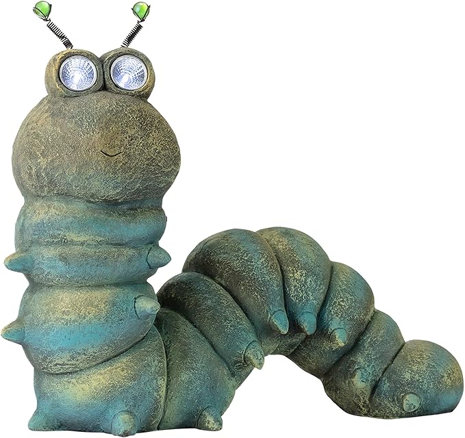 Alpine Corporation FCC121SLR Outdoor Solar Powered Garden Caterpillar Statue with LED Lights, 16" H, Green