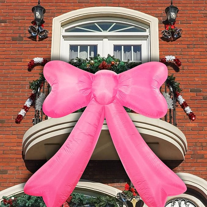 Christmas Inflatables Bow Lighted Yard Lawn Inflatable Decoration with Built-in Fan and Stakes Ropes Holiday Party Decor, Christmas Decor (7FT-Pink Bow)