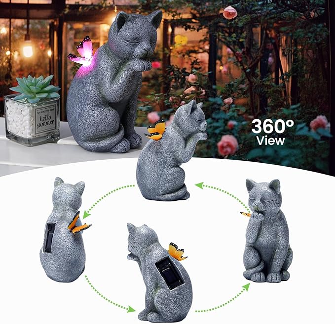 Solar Contented Cat Outdoor Statue Garden Decor,Birthday Gifts for Grandma Mom Women, Ornament for Balcony, Garden, Patio, Yard, Lawn Porch Patio Balcony Home House,7 Colors of Butterfly Glow