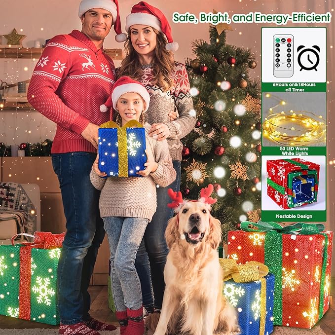 Christmas Lighted Gift Boxes, Set of 3 Light Up Boxes Set, Holiday Decorations, Battery Operated 8 Light Modes for Holiday Indoor Outdoor Christmas Tree, Yard, Home Decor