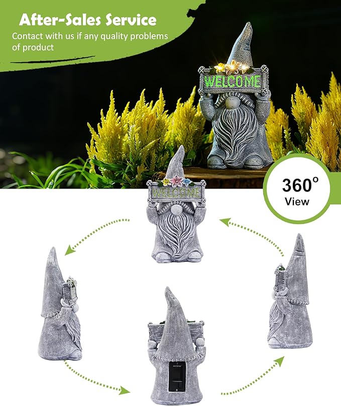 Nacome Solar Gnome Statue for Garden Decor: Outside Sculpture with Flower Welcome Sign Clearance for Yard Art Lawn Ornaments Porch Patio Balcony - Birthday Gifts for Grandma Mom Women(Grey)