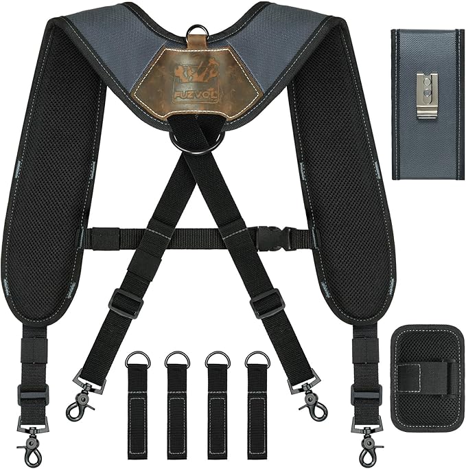 Tool Belt Suspenders, Tool Bag Suspenders, Work Belt Suspender with Magnetic Wristband and Loop Attachment, Padded Construction Suspender for Carpenter, Electrician, Framer, Blue-gray
