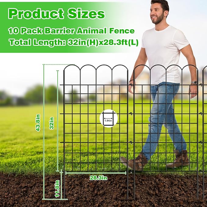 10 Panels Decorative Garden Fence, 32 in(H) X 24 ft(L) Dog Fence Outdoor for Yard, No Dig Animal Barrier Rustproof Metal Temporary Fencing Stakes for Dogs, Flower Vegetable Bed, Patio Outdoor Use