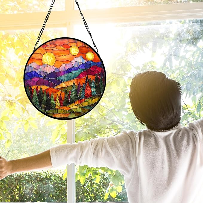 Stained Glass Window Hanging, Sunset Abstract Sun Catchers Colorful Glass Panel Landscape Suncatcher Decor for Birthday for Women, Men, Wife, Aunt, and Mom 11.8x11.8 in