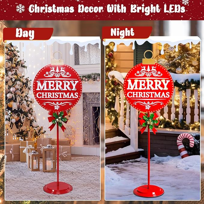Vigdur Merry Christmas Sign - 34" Lighted Metal Holiday Ball Decoration Battery Operated with Timer, Christmas Yard Decorations for Indoor Outdoor Yard Lawn Party Holiday Décor