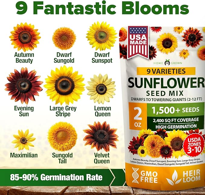 HOME GROWN Sunflower Seeds Mix Pack 1,500+ 9 Colorful Varieties of Sun Flower Seeds to Plant - 2-10ft Tall Plants, Pollinator Friendly – Easy to Grow, High Germination
