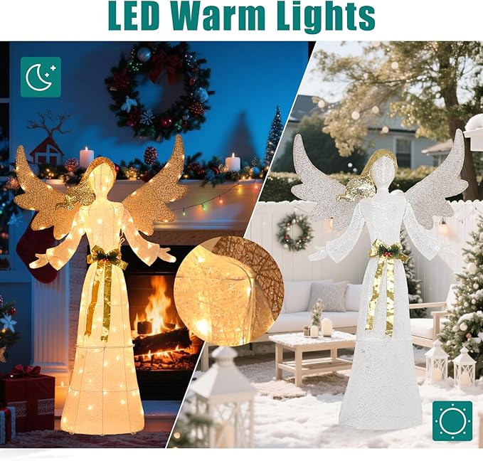 5 FT Christmas Angel Outdoor Decorations, 3D Pre-lit Glittered Angel with Bow and Ground Stakes Collapsible Winged Christmas Angel for Indoor Outdoor Garden Yard Lawn Holiday Display