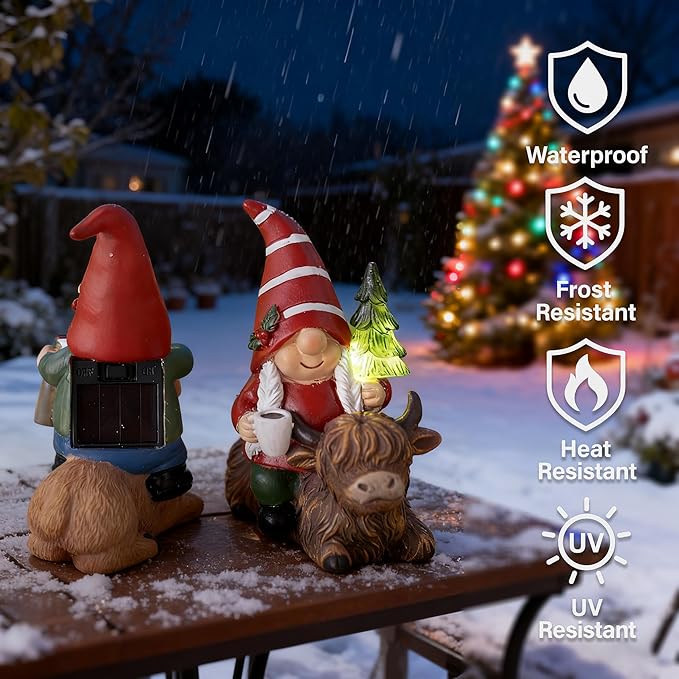 2 Pcs Gnome Garden Decor Statue Highland Cow and Reindeer, Solar LED Lights Gnomes Garden Sculpture Decorations for Yard, Gnomes Gifts for Women