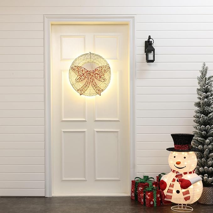 LuxenHome 1.5Ft Lighted Christmas Wreath, Christmas Outdoor Decorations, Large Wreath with LED Lights, Red Bow Wreath for Indoor, Lawn, Yard, Garden, Holiday Decor