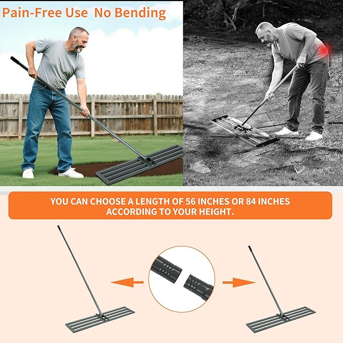 Lawn Leveling Rake,45"x10" Heavy-Duty Steel Lawn Leveler with 84" Anti-Slip Handle, Yard Leveling Rake Perfect for Garden, Backyard, Golf Course, Farm & Landscaping