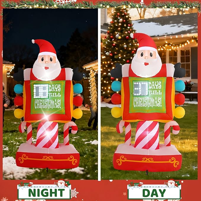 7FT Santa Claus Countdown Street Sign Inflatable Decoration with Built-in LED Lights, Christmas Outdoor Inflatable Decoration for Lawns, Yards, Gardens, and Patios