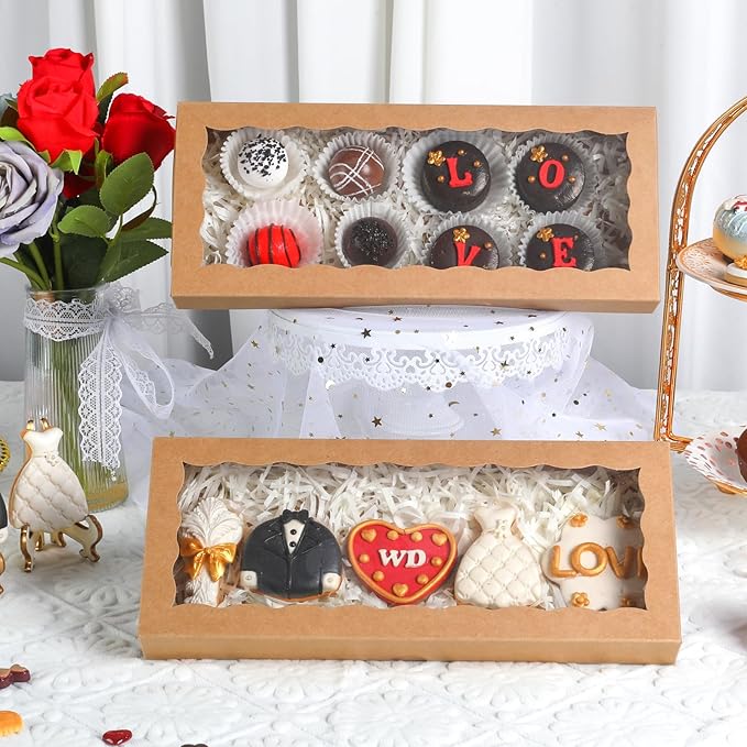 24pcs 12x5x1.5 Inch Borwn Cookies Boxes. with Window Bakery Boxes Macaron Boxes Chocolate Truffle Boxes Donut Treat Boxes Cakesickle Boxes for Christmas Valentine's Easter Mother's Day