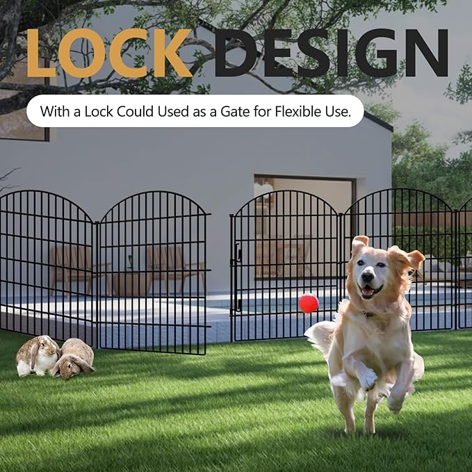 15 Panels No Dig Decorative Garden Fence with Lock, 33in (H) X 33.46ft (L) Dog Fences Outdoor for Yard, Rustproof Tall Metal Animal Barrier Border for Rabbits, Patio, Temporary Outdoor Use