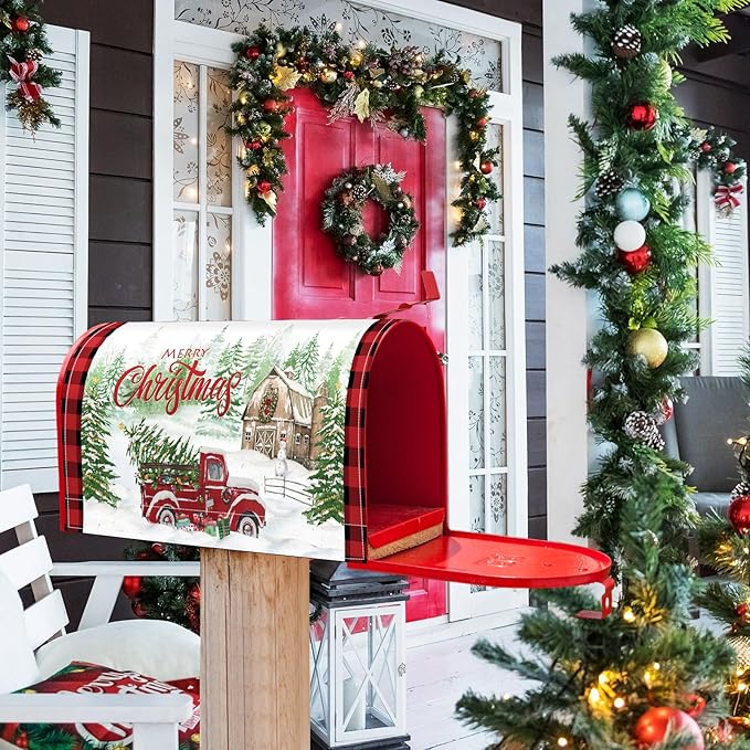 Blosssound Merry Christmas Magnetic Mailbox Cover Xmas Red Truck Mailbox Covers Decor Snowflakes Red Plaid Print Christmas Post Box Standard Size 21 X18 Inch Garden Yard Outdoor Decoration