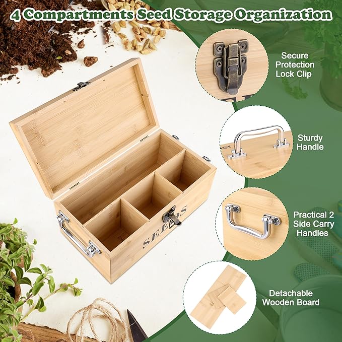 Coolrunner Wood Seed Saving Box, Seed Storage Organizer Case, Seed Packet Storage Organizer with Lock and 3 Handles, 30P Plant Labels, 30P Seeding Envelopes Bag
