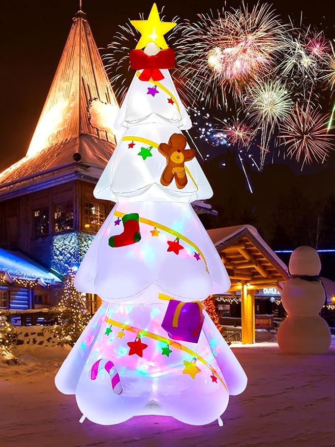 EBANKU 9 FT Christmas Inflatable Xmas Tree Outdoor Decorations, Blow Up Yard Decoration Christmas Tree with Star Gingerbread Man, Build in LEDs, Colorful Rotating Light for Holiday Indoor Garden Lawn