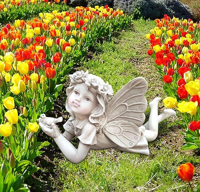 Fairy Garden Decor - Angel Holding a Bird Garden Statues for Outside, Resin Fairies for Fairy Garden, Cute Yard Ornaments Outdoors, Ideal Gifts for Mom and Grandma, 11” Width